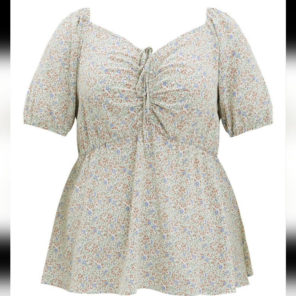 BloomChic Ditsy Floral Puff Sleeve Ruched Drawstring Blouse - Picture 8 of 12